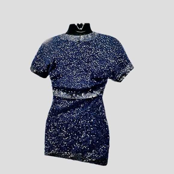 Donna Karen New York Sweater Dress Navy Sequins Square Neck Short Sleeve Small - Picture 2 of 10
